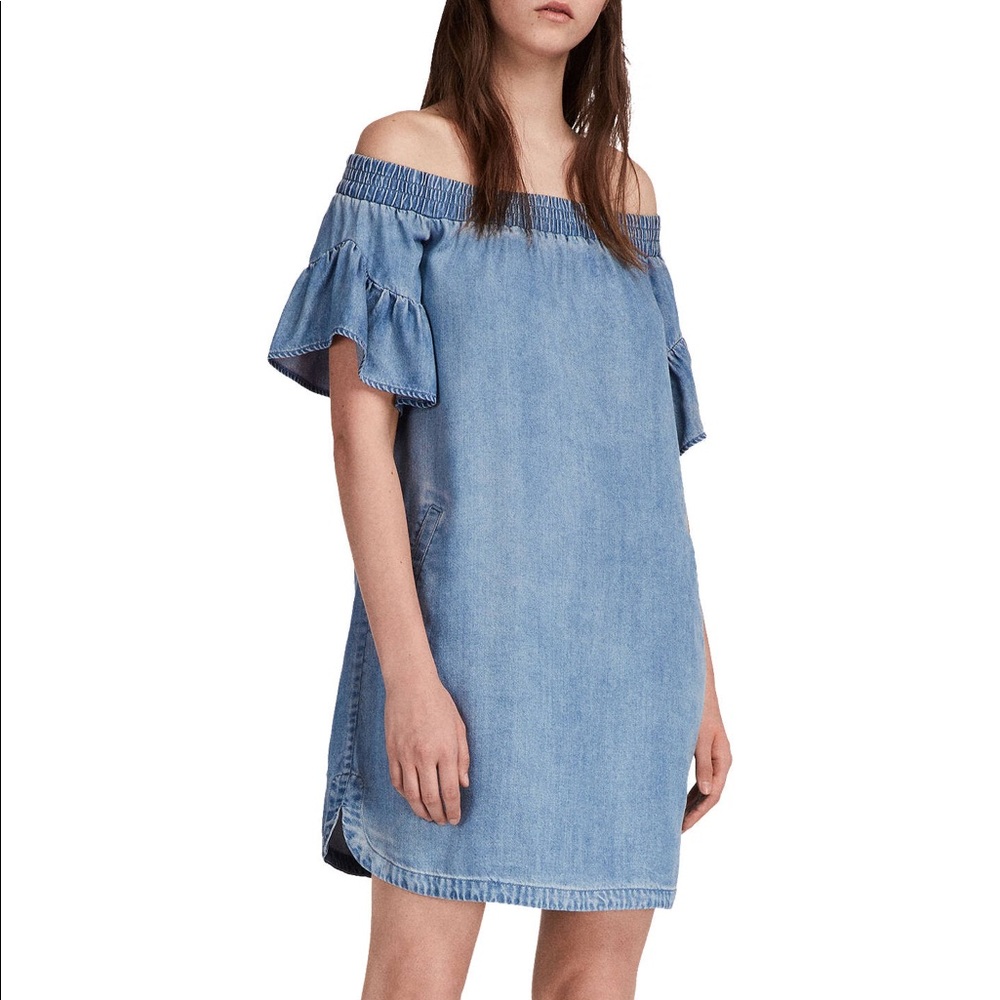 All Saints Adela Chambray Off Shoulder Dress Blue size XS